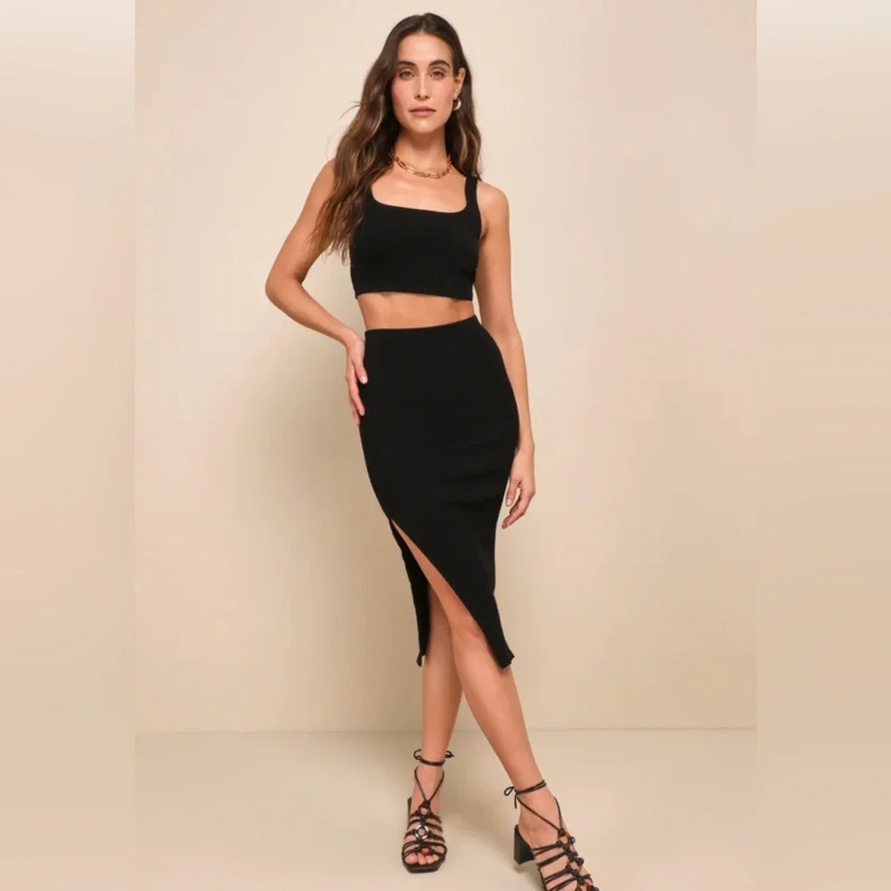 Lulus Set For Life Black Ribbed Bodycon Two-Piece Midi Dress size XS - Picture 2 of 2
